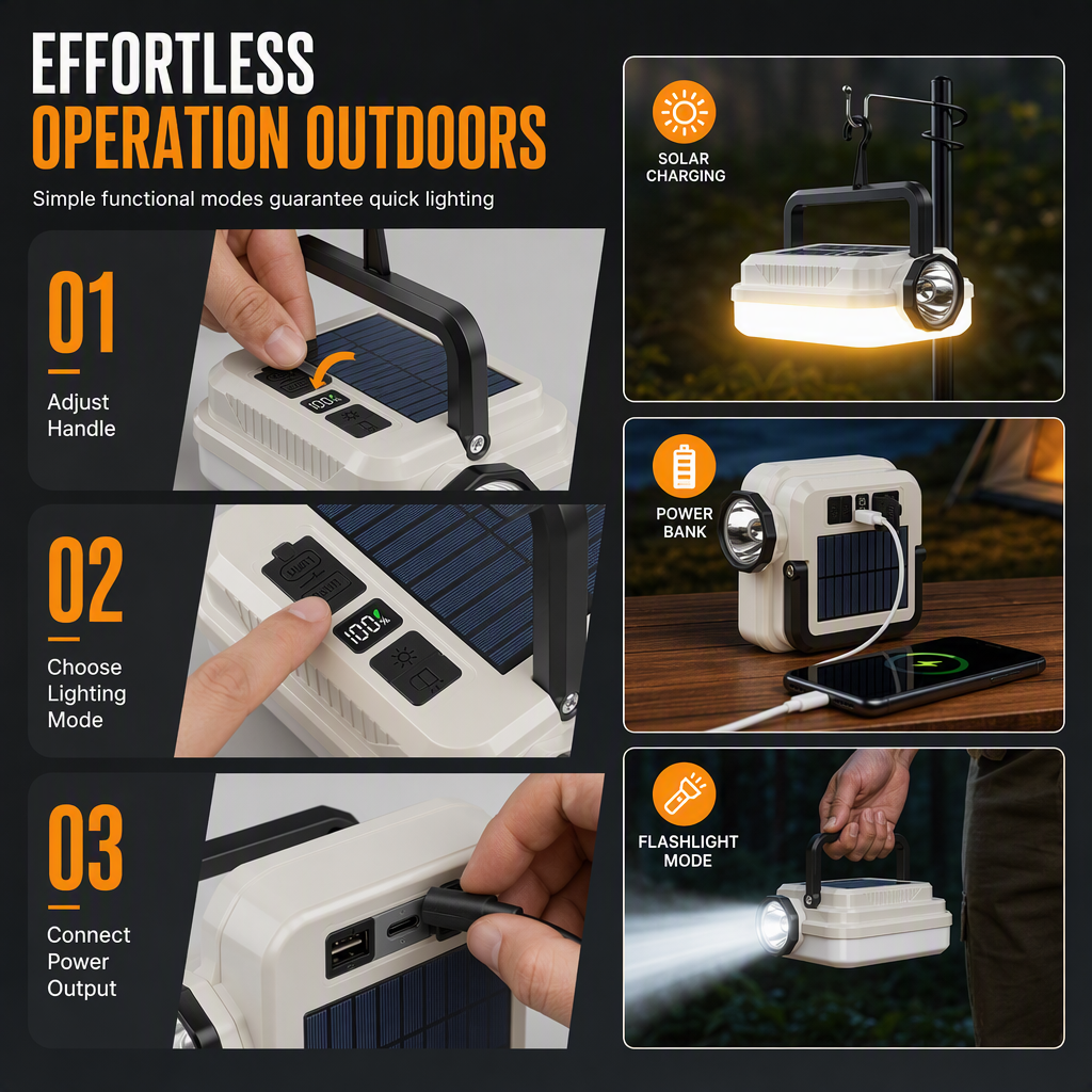 Lanterna LED da campeggio ricaricabile a energia solare ¨C impermeabile, portatile, multi©\uso