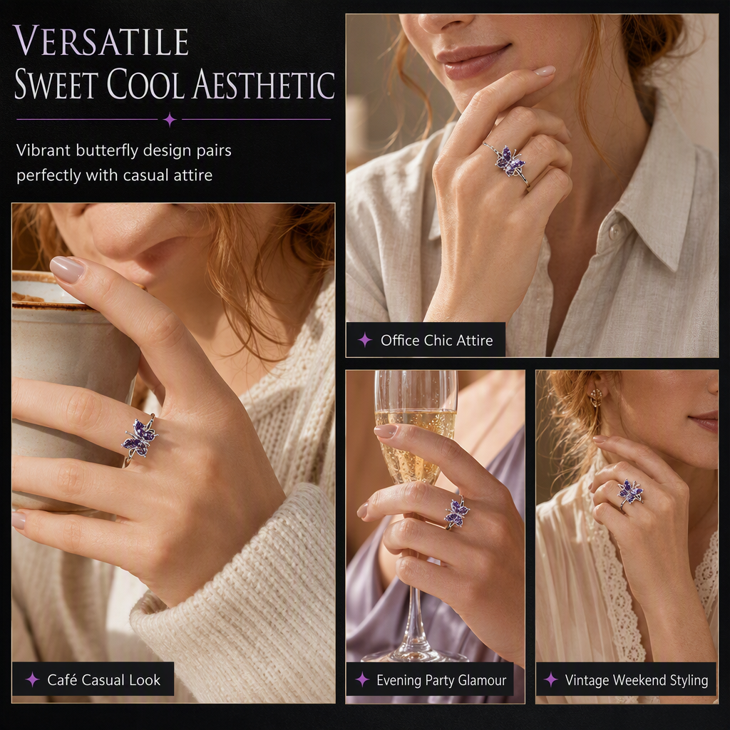 Anillo de mariposa moderno de estilo coreano, dulce y atrevido, para mujer, elegante color platino, de una sola banda