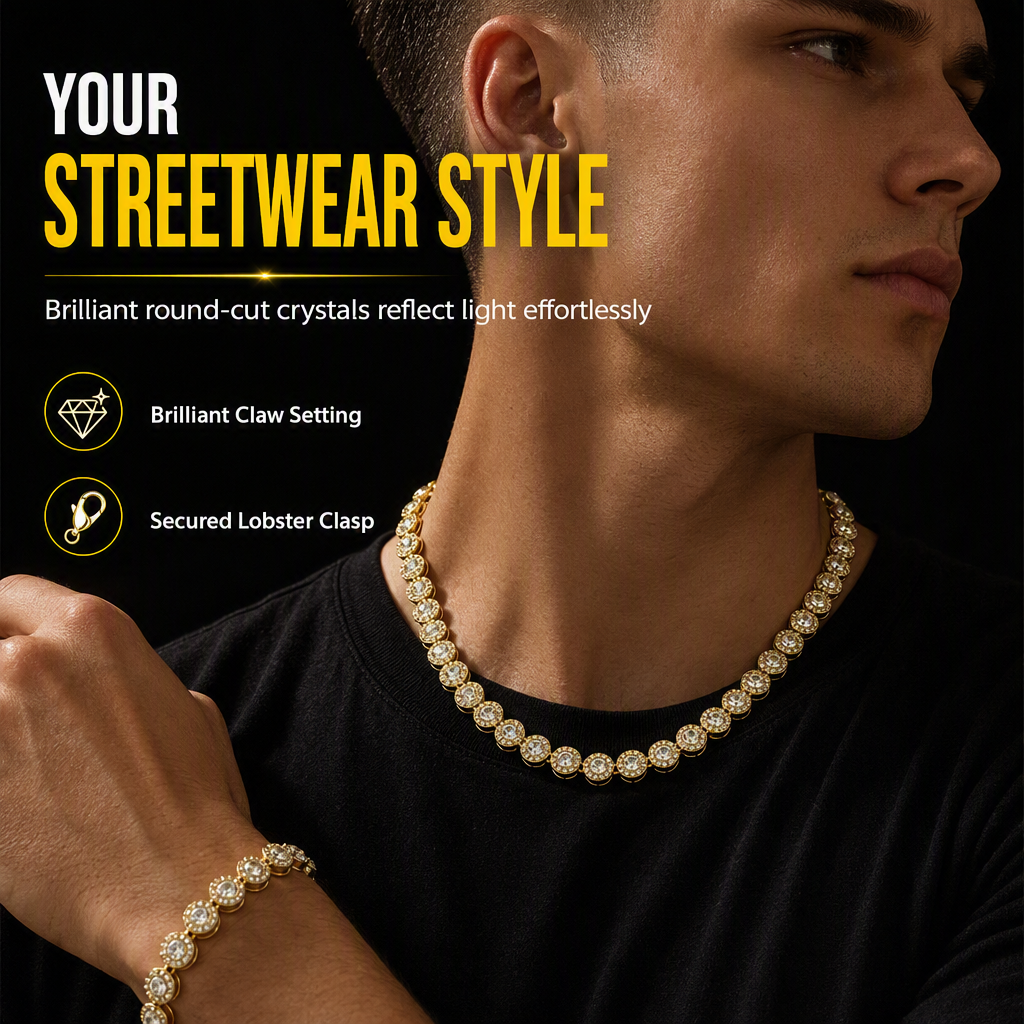 Ronde strassketting in hiphopstijl voor heren, volledig bezette kristallen ketting voor streetdance