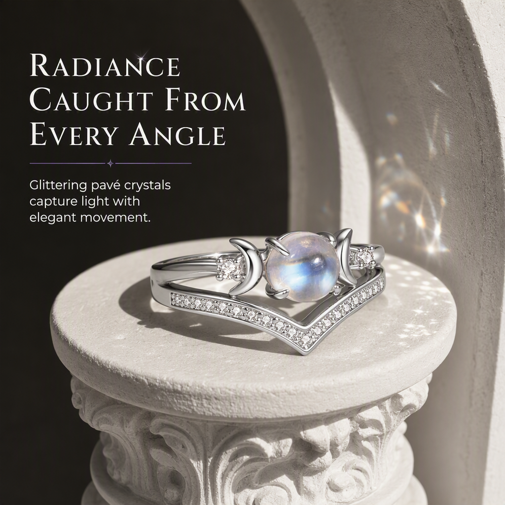 Bague vintage gothique avec lune croissante et pierre de lune, sertissage en V plaqué platine