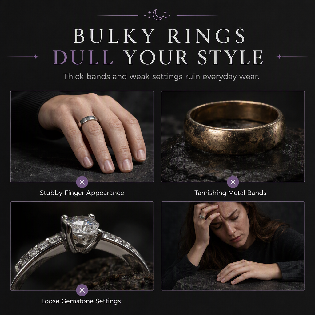 Bague vintage gothique avec lune croissante et pierre de lune, sertissage en V plaqué platine