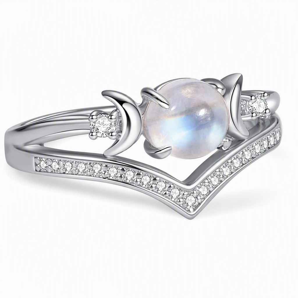 Bague vintage gothique avec lune croissante et pierre de lune, sertissage en V plaqué platine