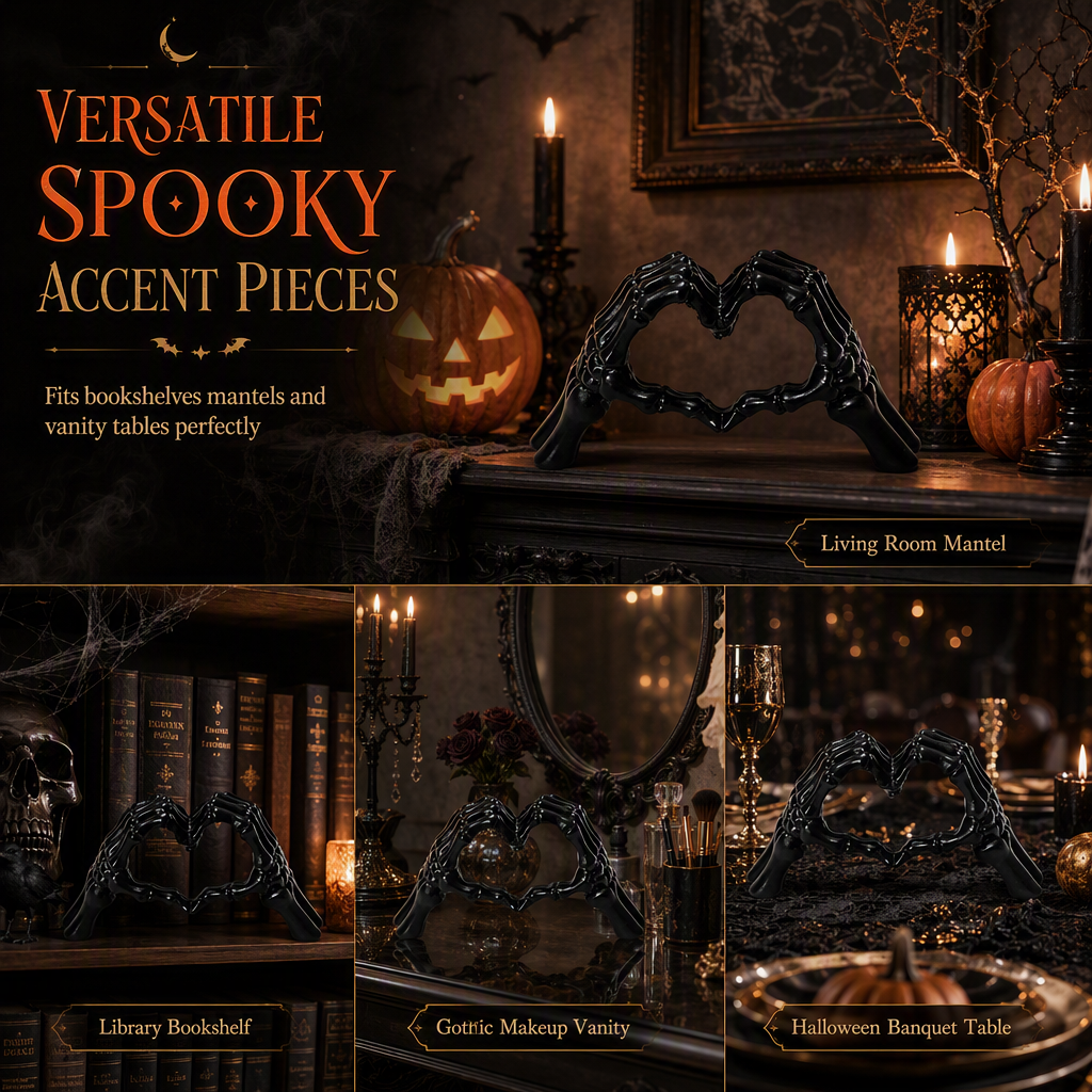 Figura de esqueleto de resina con temática de Halloween y gesto de corazón con las manos, recién llegada, para decorar el hogar, el dormitorio o el escritorio