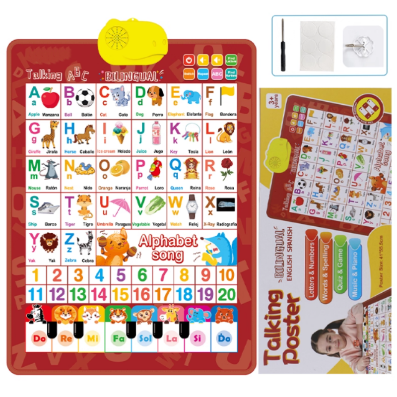 Tableau mural parlant bilingue de l'alphabet ¨C Lettres anglaises et espagnoles, lecture audio interactive et mini-piano ¨C PVC durable pour l'éveil des tout-petits