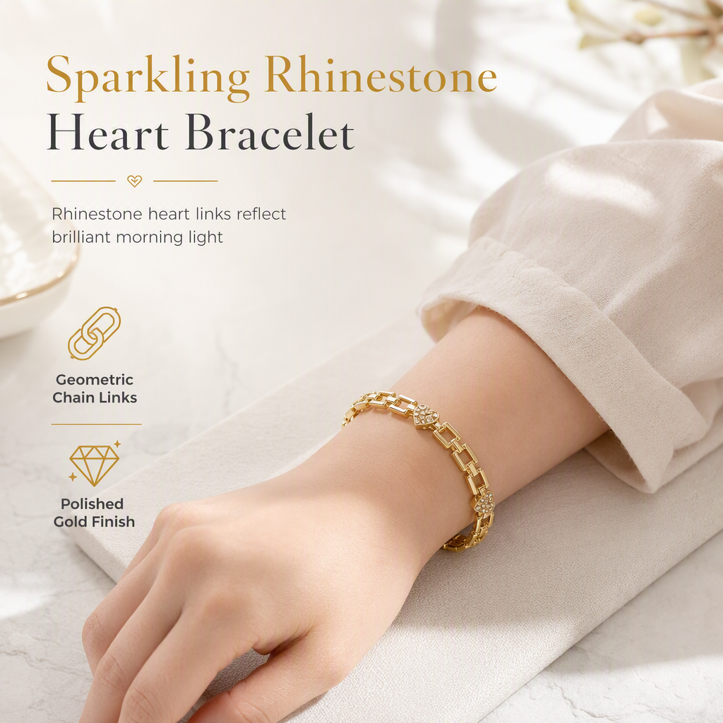 Bracciale a catena dorato con strass, cuore e quadrati traforati