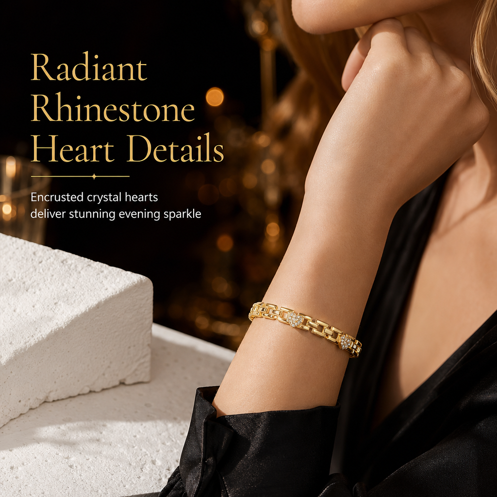 Bracciale a catena dorato con strass, cuore e quadrati traforati