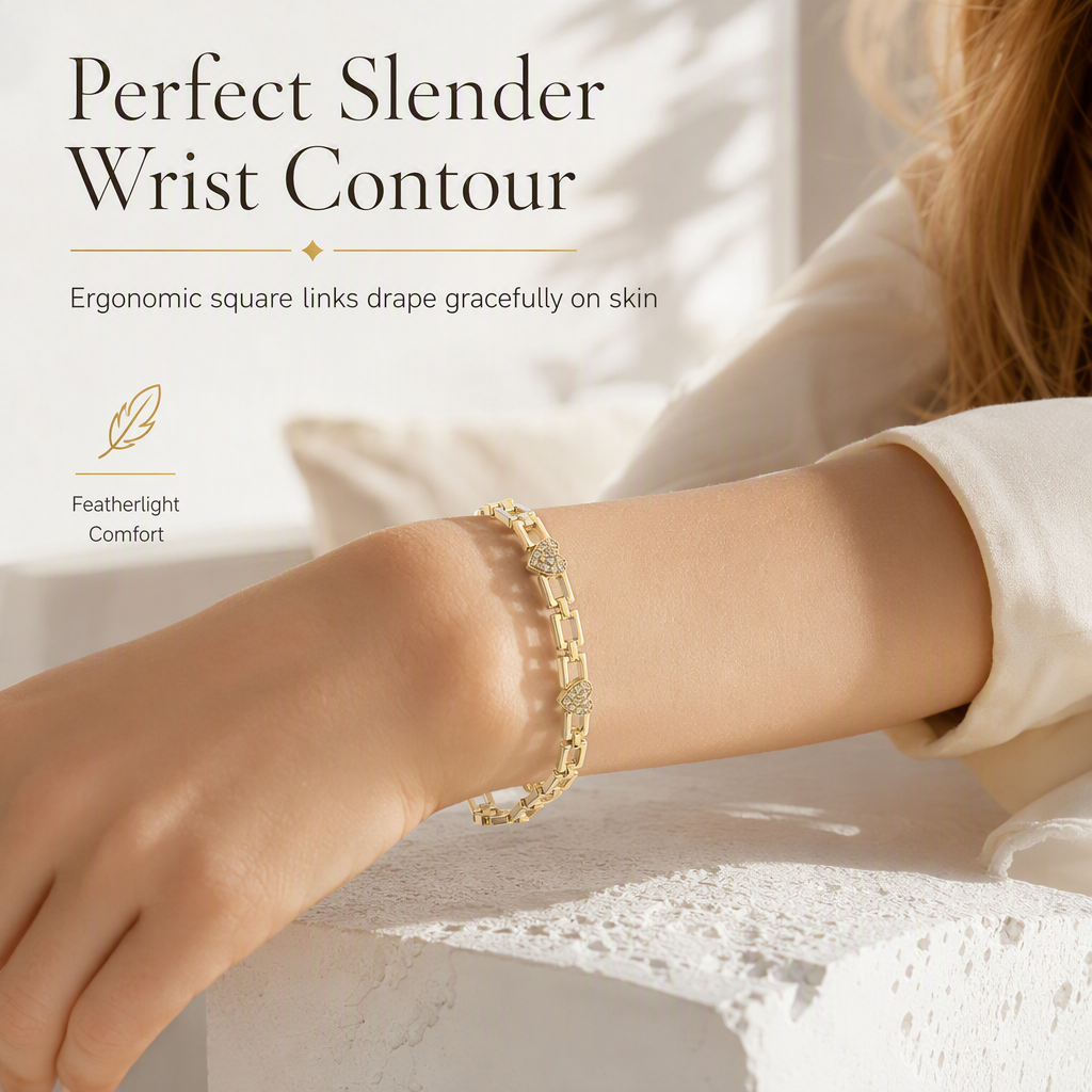 Bracciale a catena dorato con strass, cuore e quadrati traforati