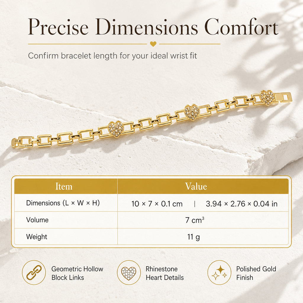 Bracciale a catena dorato con strass, cuore e quadrati traforati