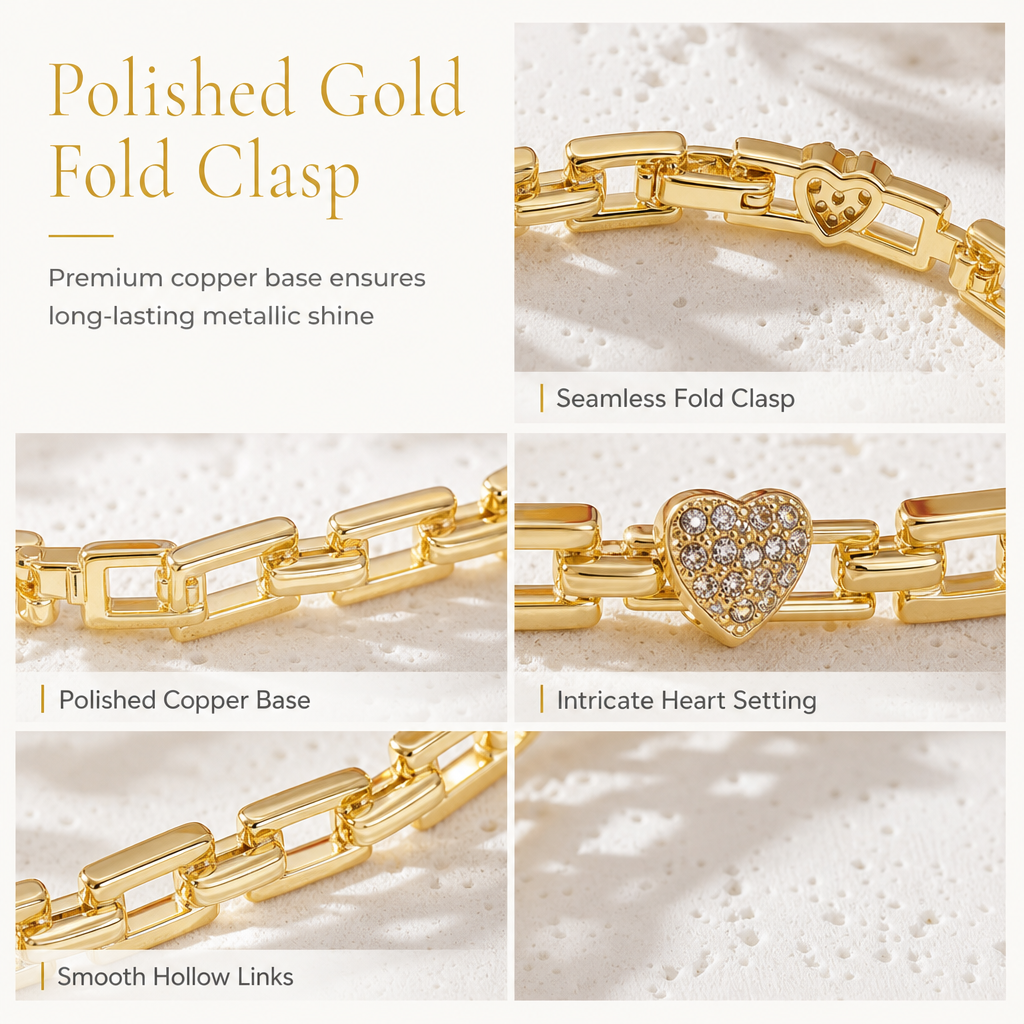 Bracciale a catena dorato con strass, cuore e quadrati traforati