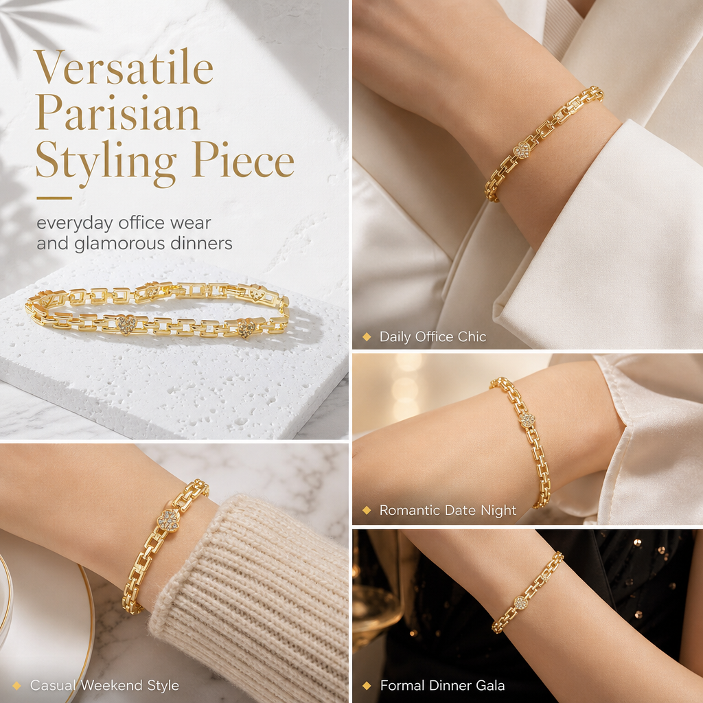 Bracciale a catena dorato con strass, cuore e quadrati traforati