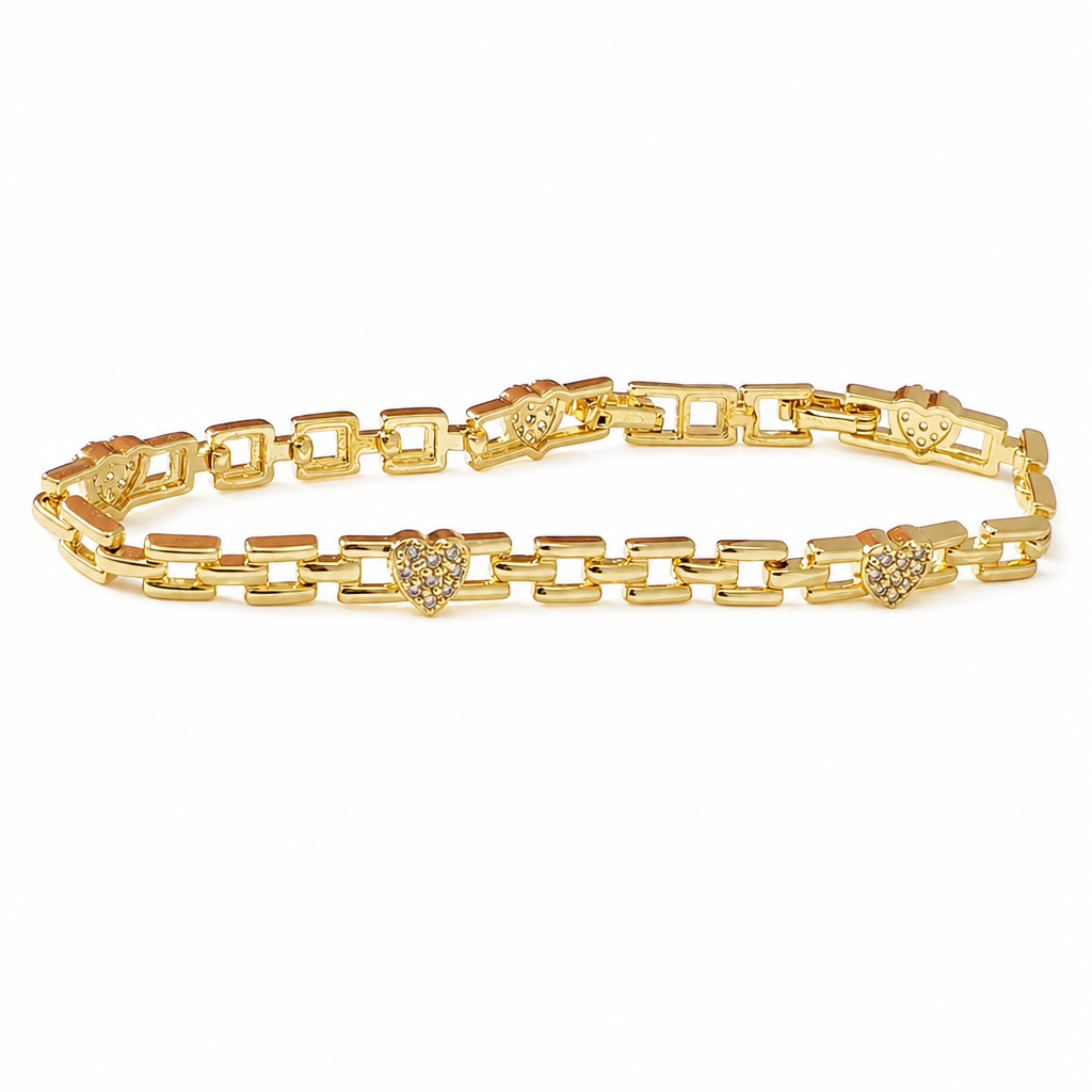 Bracciale a catena dorato con strass, cuore e quadrati traforati