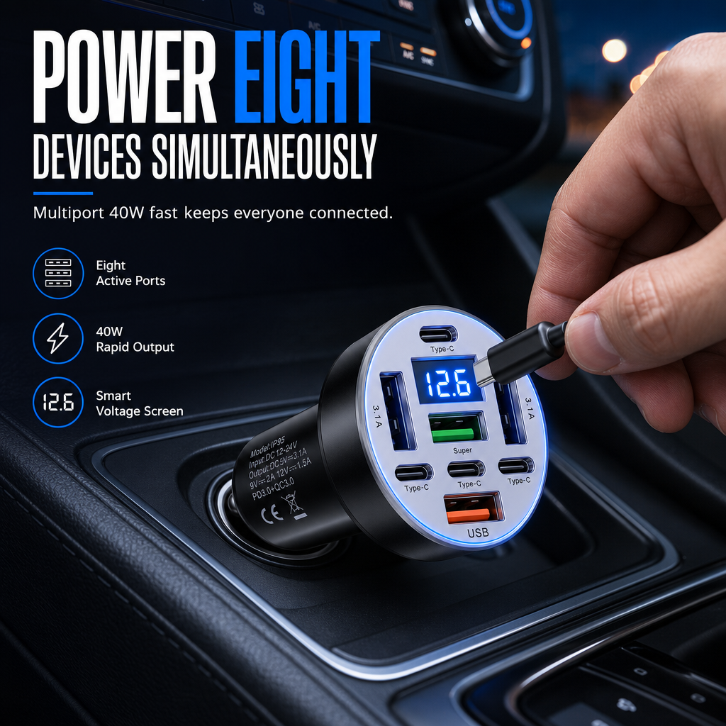 Adaptateur de voiture rapide 40W 8-en-1 avec affichage numérique de la tension, 4 ports USB et 4 ports PD