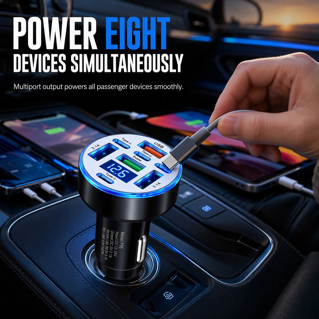 Adaptateur de voiture rapide 40W 8-en-1 avec affichage numérique de la tension, 4 ports USB et 4 ports PD