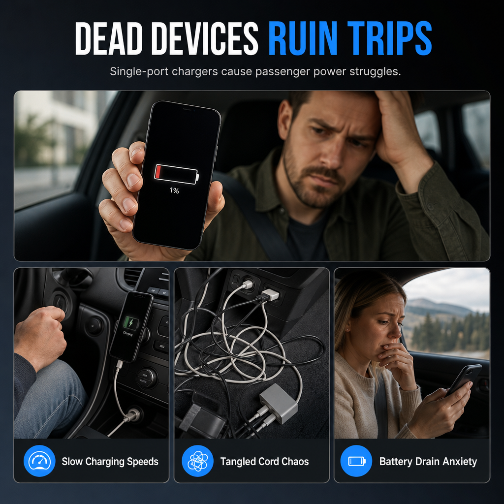 Adaptateur de voiture rapide 40W 8-en-1 avec affichage numérique de la tension, 4 ports USB et 4 ports PD