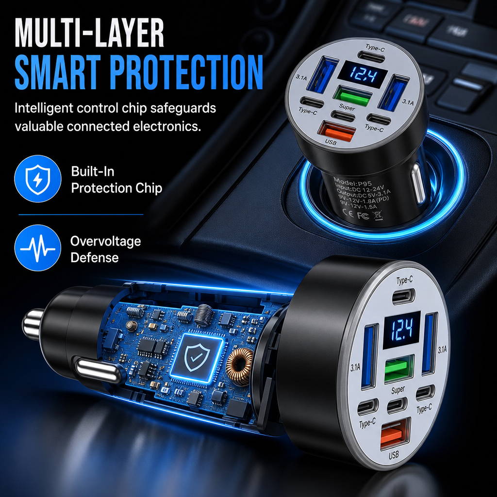 Adaptateur de voiture rapide 40W 8-en-1 avec affichage numérique de la tension, 4 ports USB et 4 ports PD