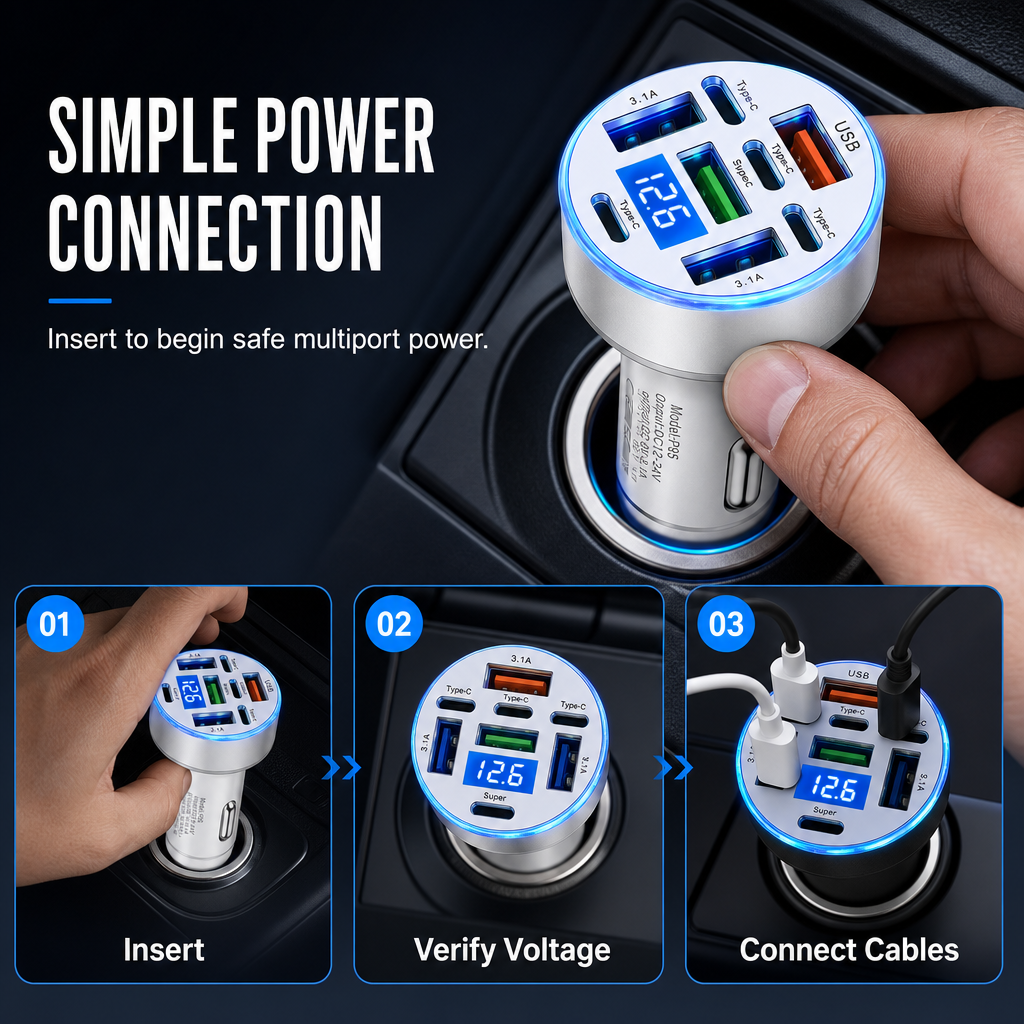Adaptateur de voiture rapide 40W 8-en-1 avec affichage numérique de la tension, 4 ports USB et 4 ports PD