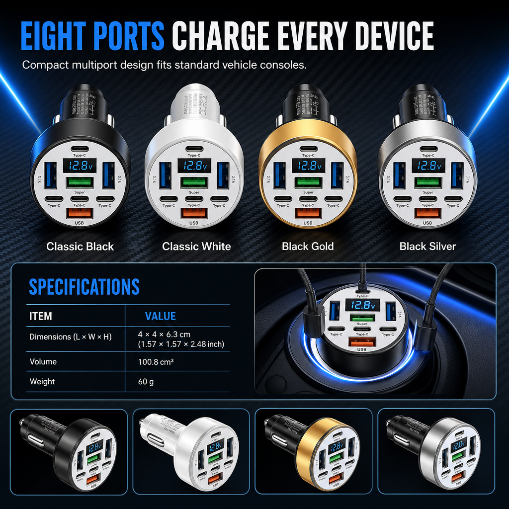 Adaptateur de voiture rapide 40W 8-en-1 avec affichage numérique de la tension, 4 ports USB et 4 ports PD