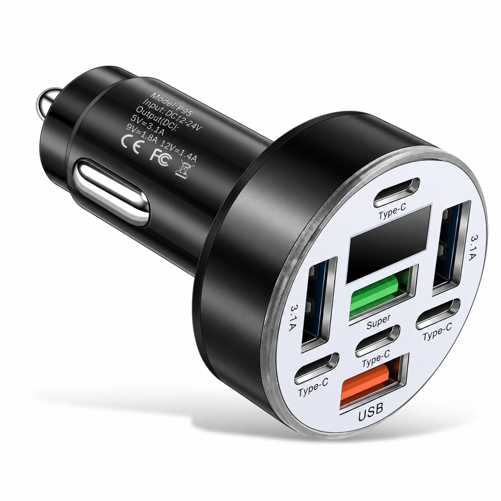 Adaptateur de voiture rapide 40W 8-en-1 avec affichage numérique de la tension, 4 ports USB et 4 ports PD