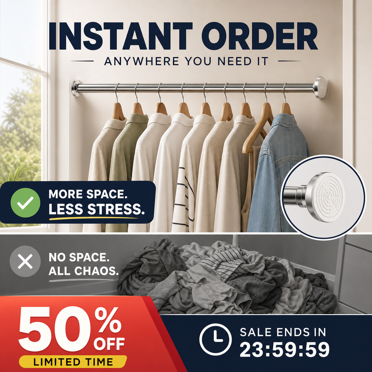 Barre de tension réglable sans perçage ¨C installation sans dommage, antidérapante et polyvalente, charge maximale de 15KG